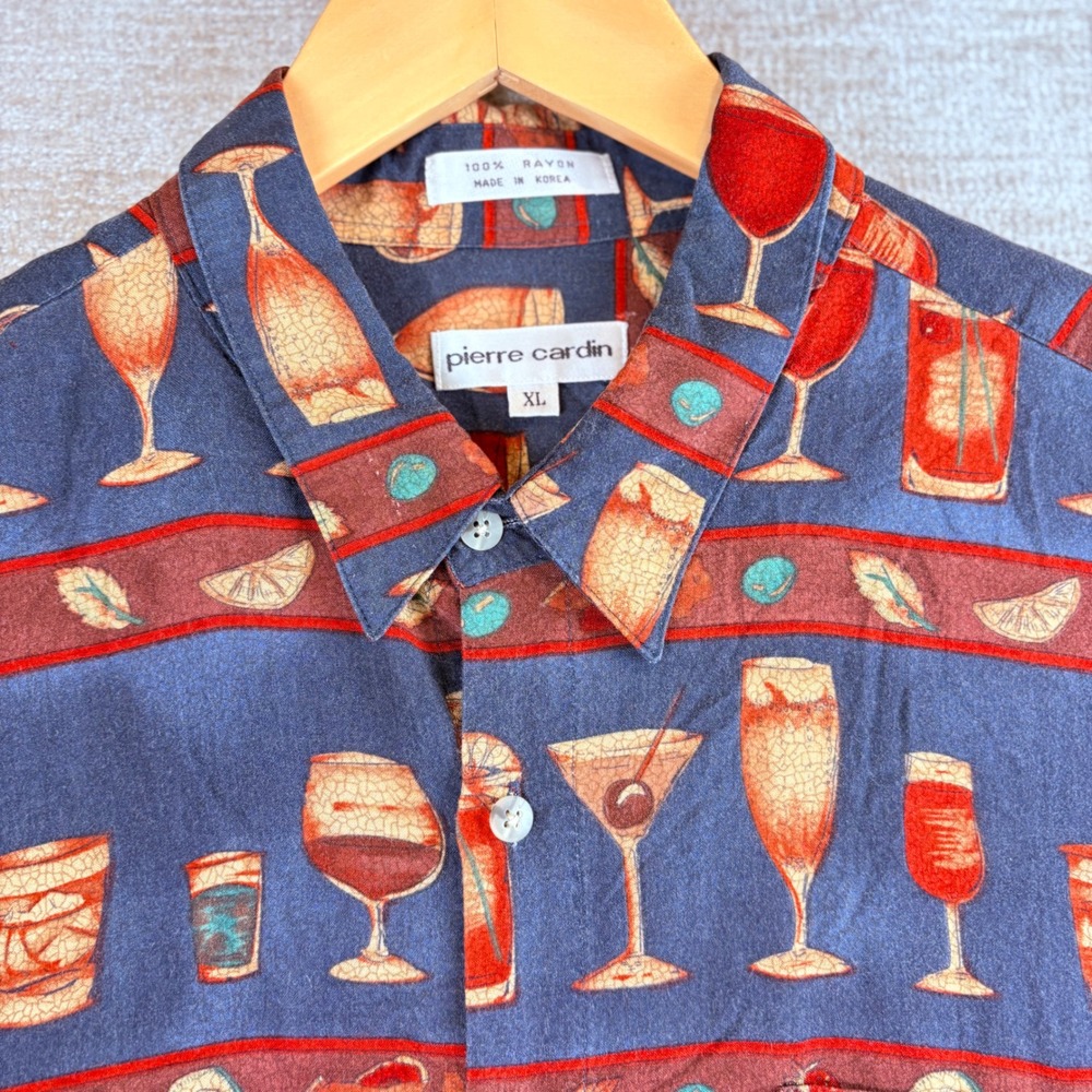 VTG Pierre Cardin Men's XL Rayon Button‎ Down Cocktail All Over Print Camp Shirt